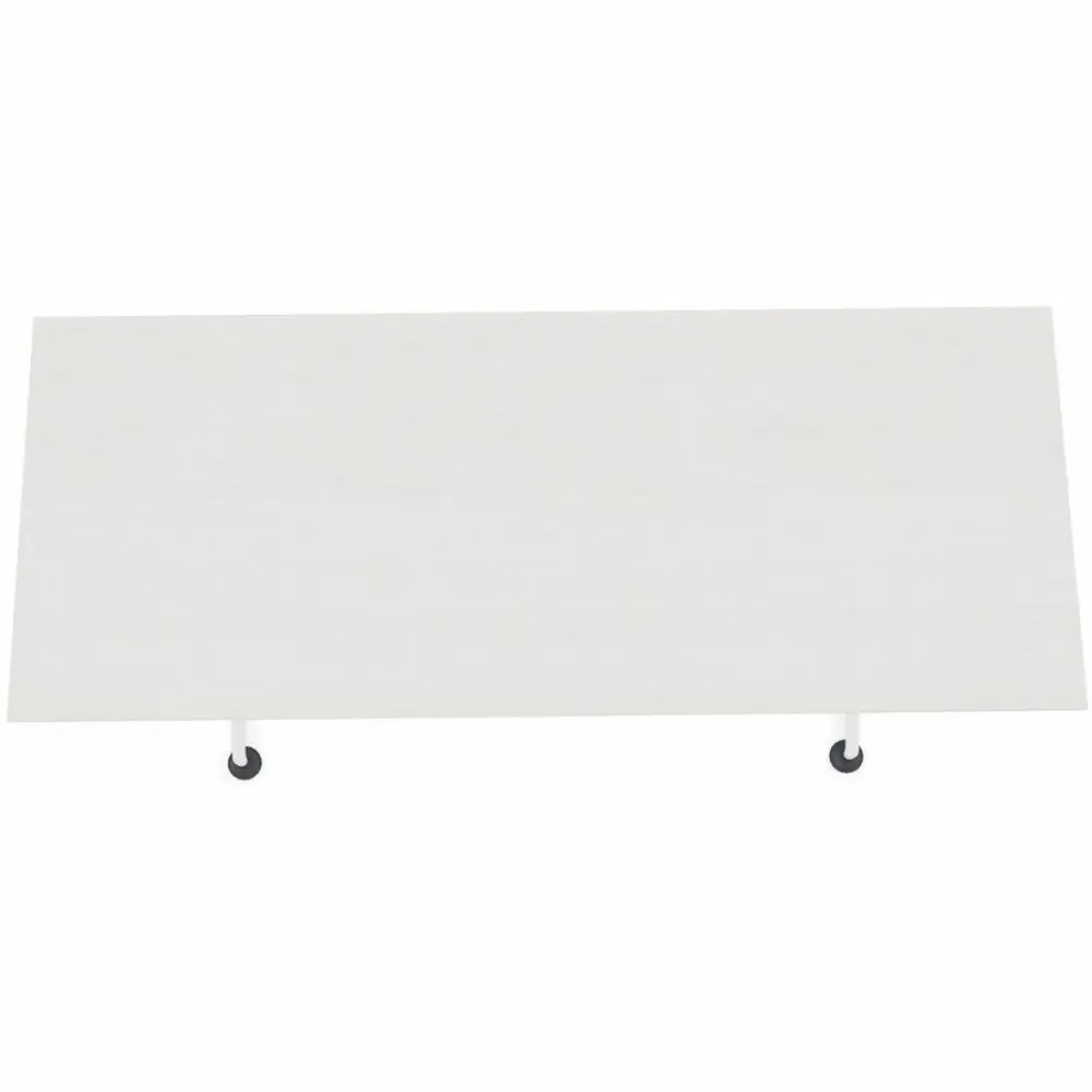 White desk with two-legged console style frame and exposed tabletop, shown at angle.