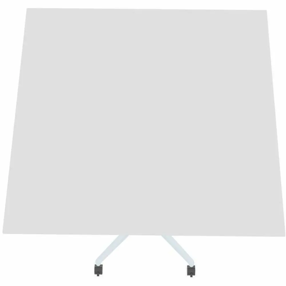 Small square white tabletop on a white stand with wheels