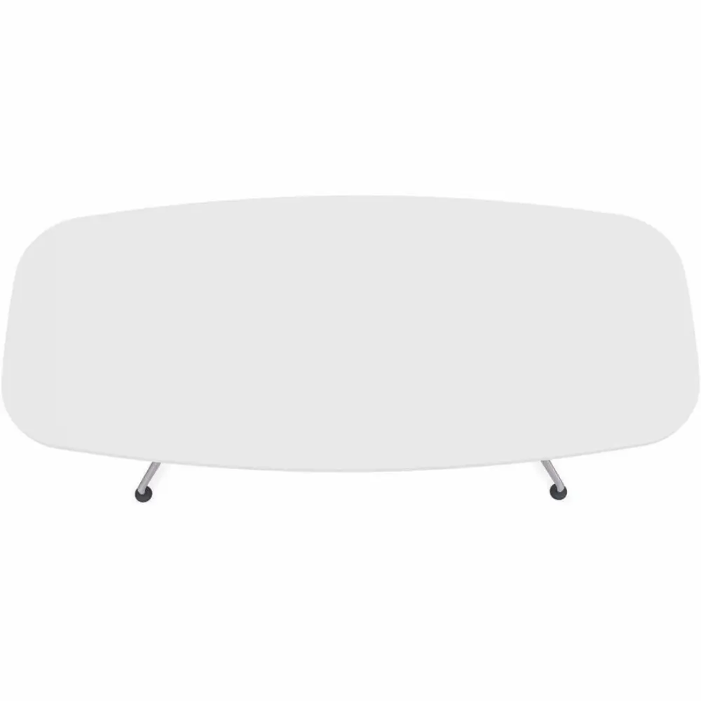 White elongated meeting table with slim metal legs and small black feet, viewed from side