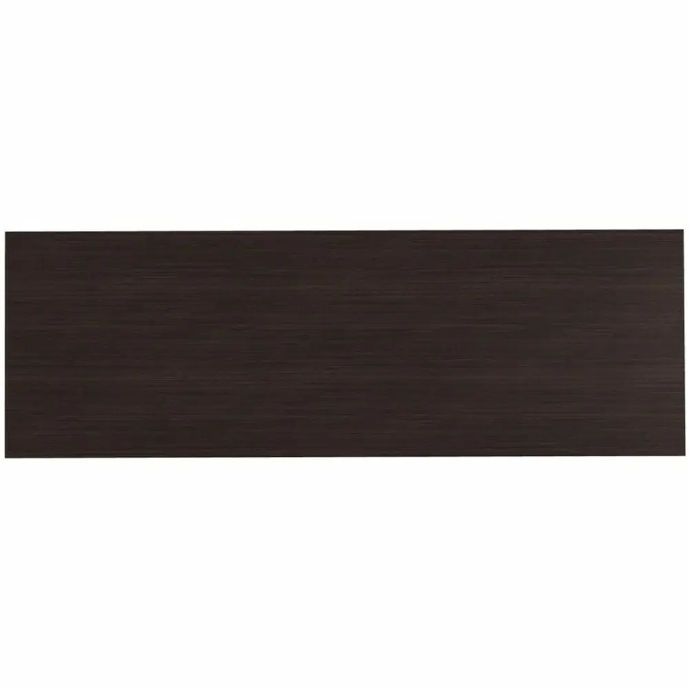 Side profile of a long table with dark wood top and white metal base