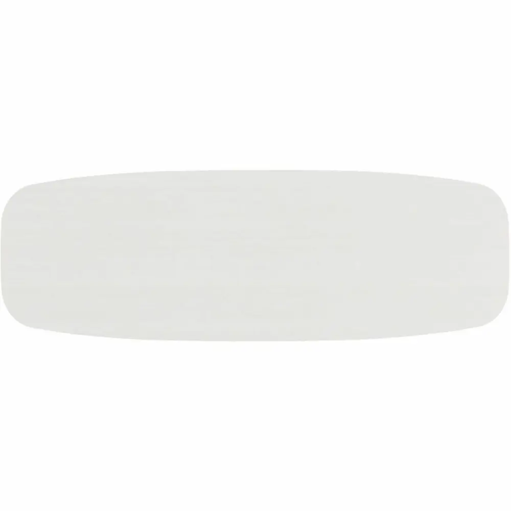 Full length white conference table with three supports and wide legs.