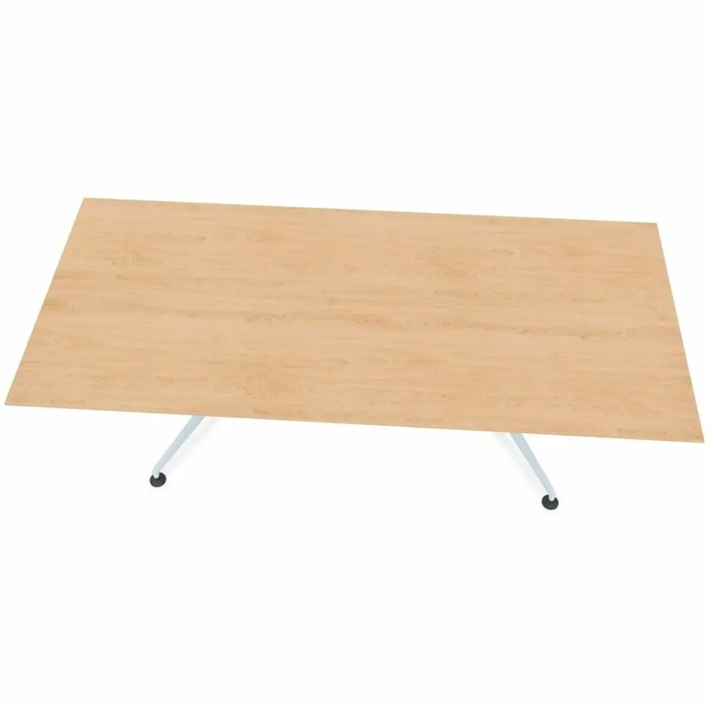 A full-width wooden tabletop with light wood grain and a metal base visible beneath, isolated on white.