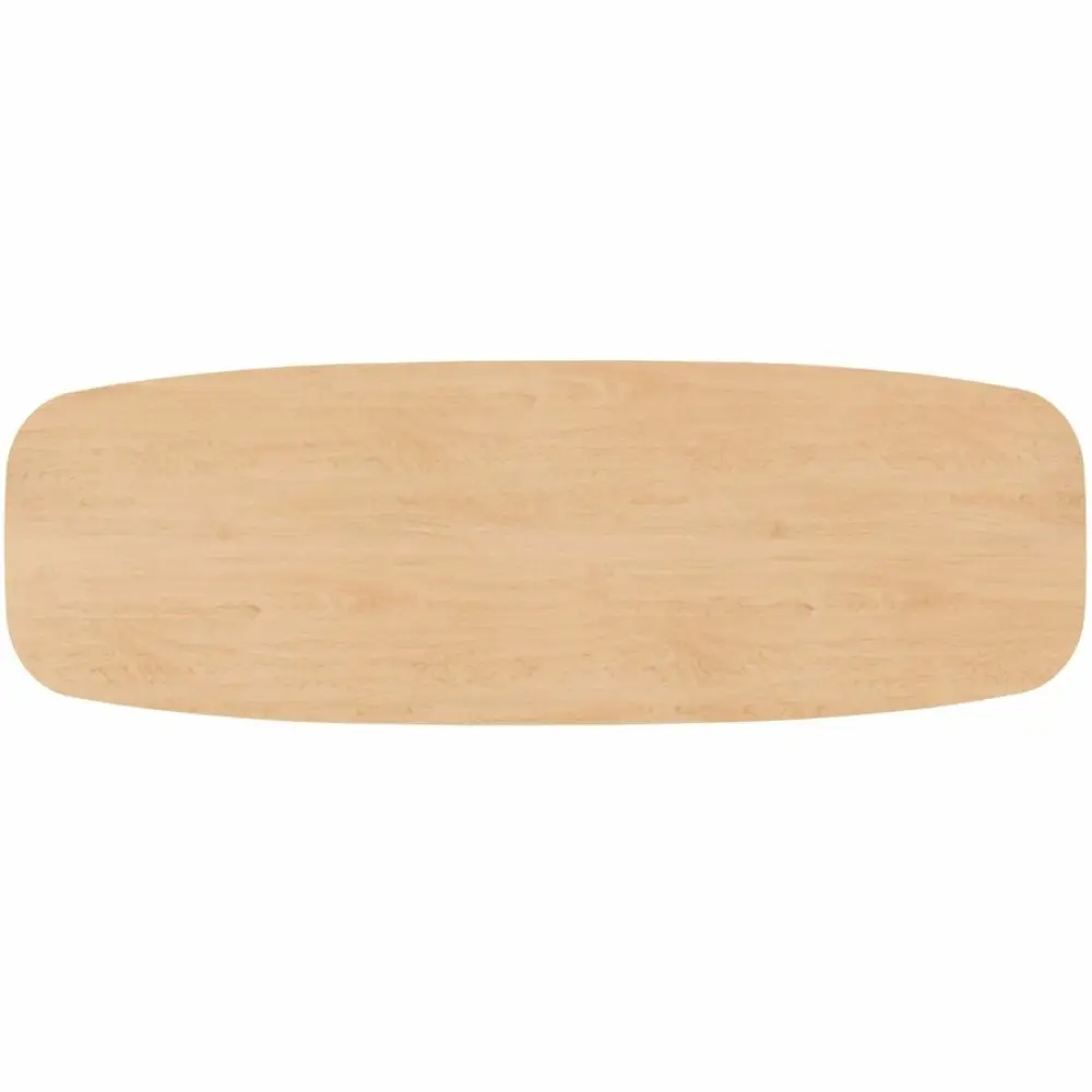 Angled view of a long conference table with light wood top and gray metal legs.