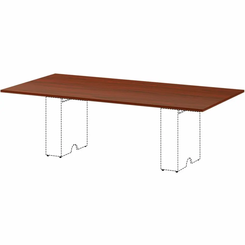 Close-up of a wooden tabletop edge with thickness annotation describing 1 inch thick high-quality laminate top and PVC edge banding.