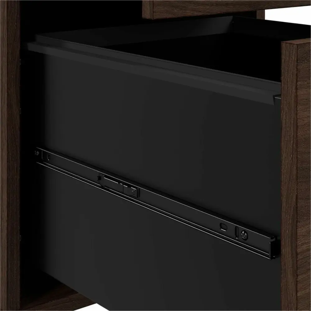 Diagram of cabinet features including brushed nickel hardware, dual-wheeled casters, and lockable drawers