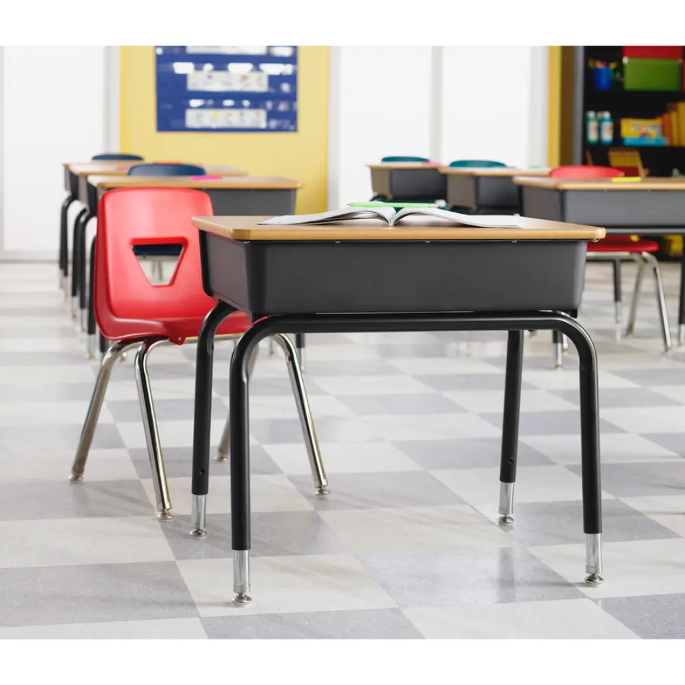 Single classroom desk with wooden top and black storage drawer, metal legs