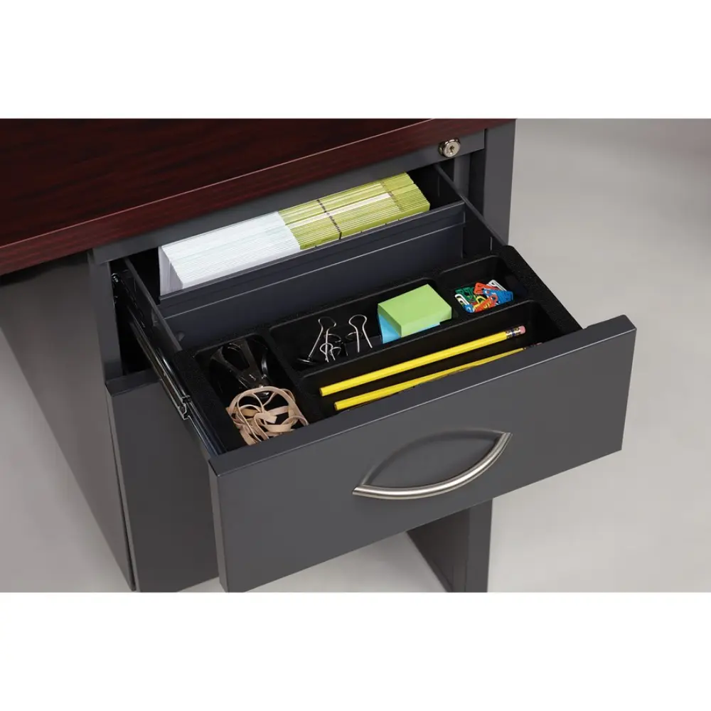 Wide desk with wood top and integrated two-drawer pedestal on the right.