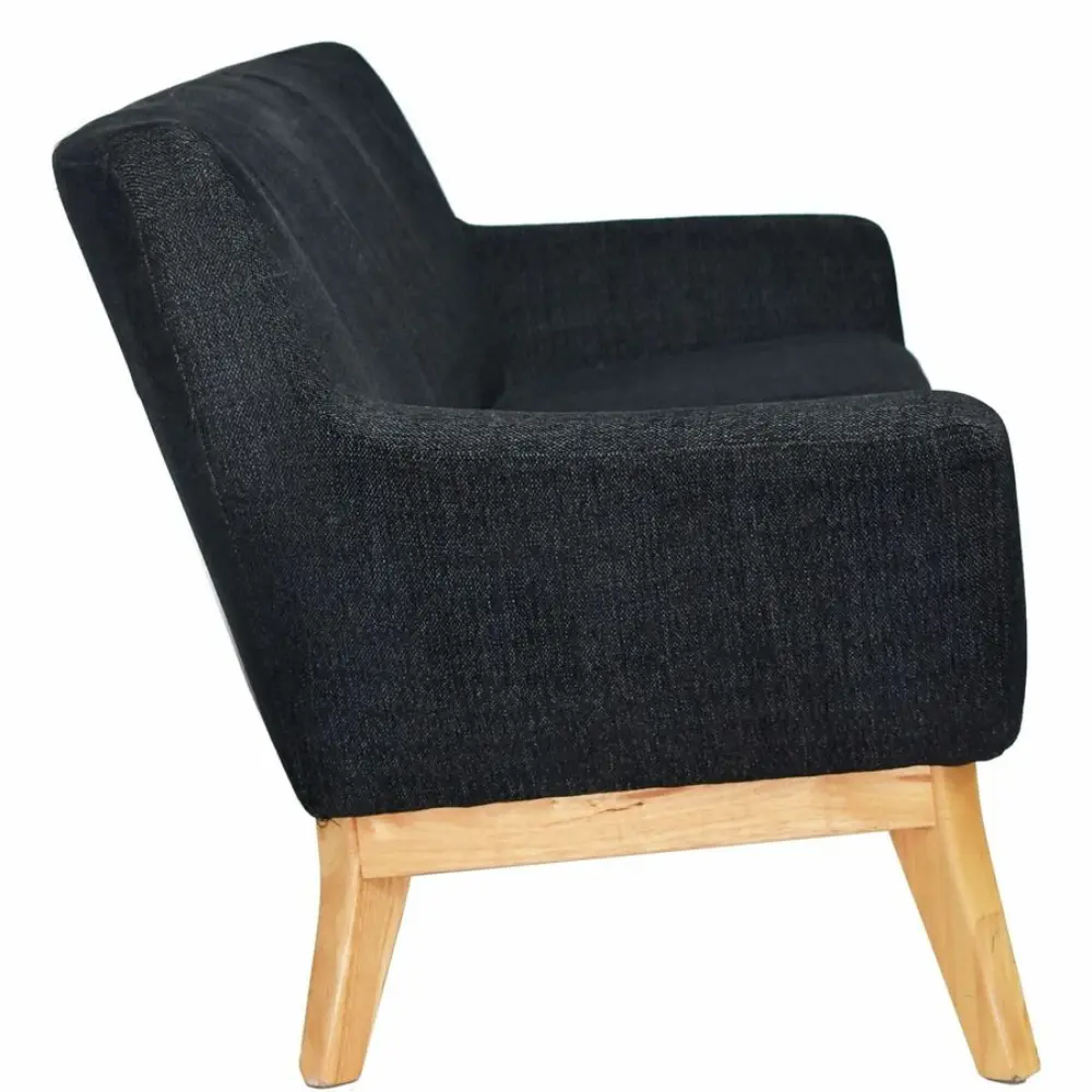 Darker sectional view of sofa from side with dark fabric and wooden legs