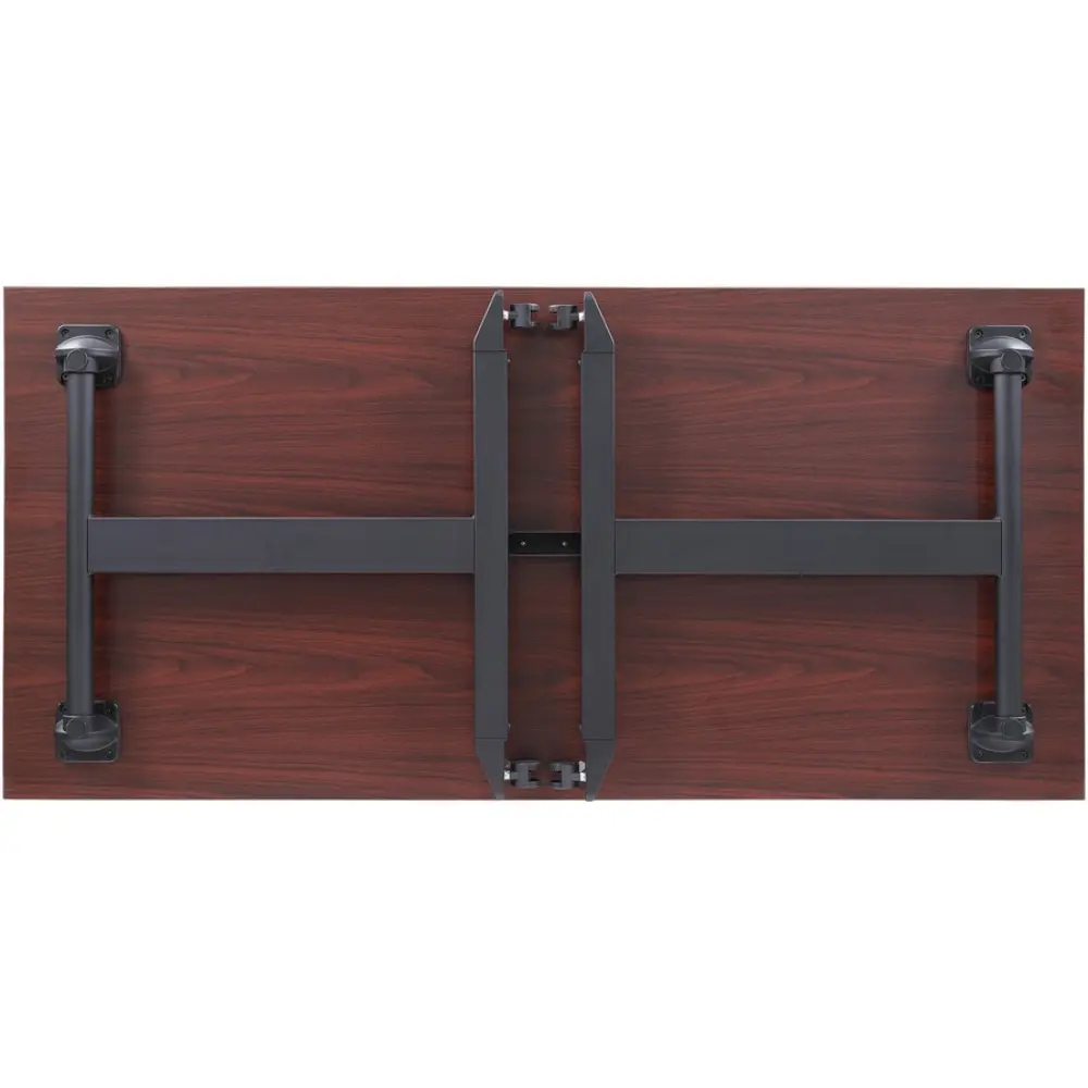 Side view of a long drafting desk with black metal legs and burgundy top, wheels at feet