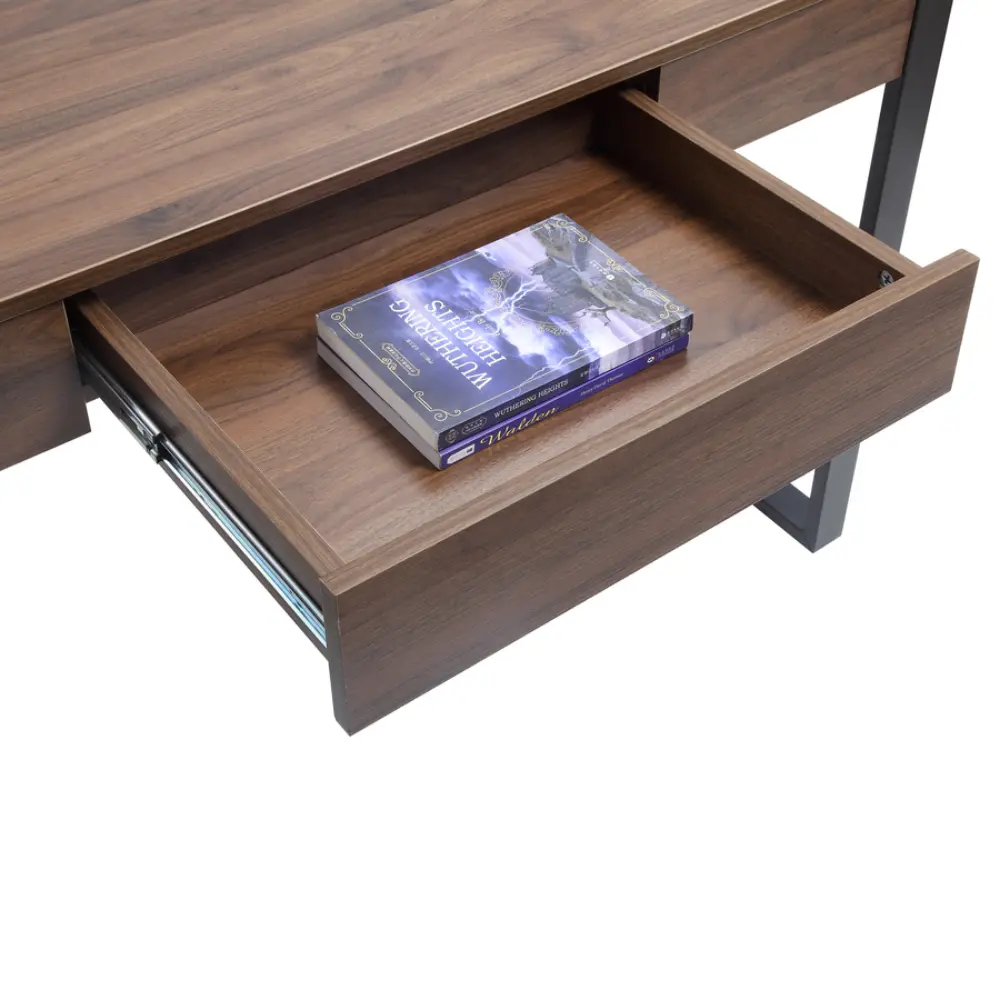 Long wooden desk with two shallow drawers and black metal legs.