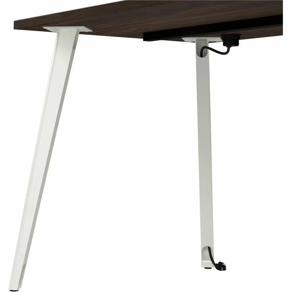 Desk with dark wood top and white legs, isolated against white background.