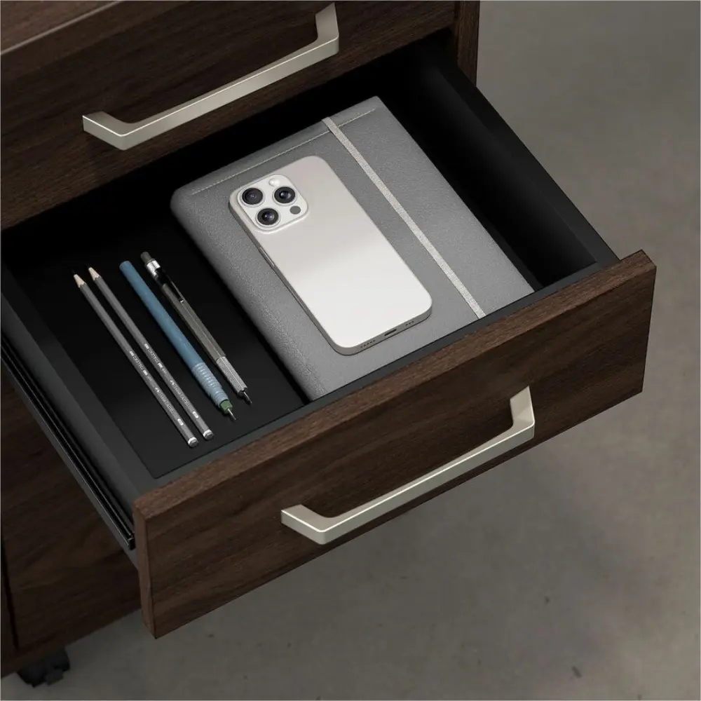 Three-drawer dark wood filing cabinet with lock and caster wheels