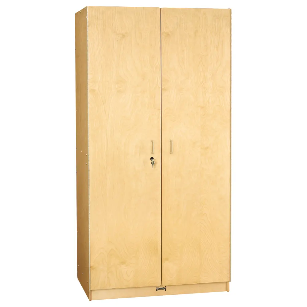 Large wooden storage cabinet with open front showing shelves, a person standing beside it