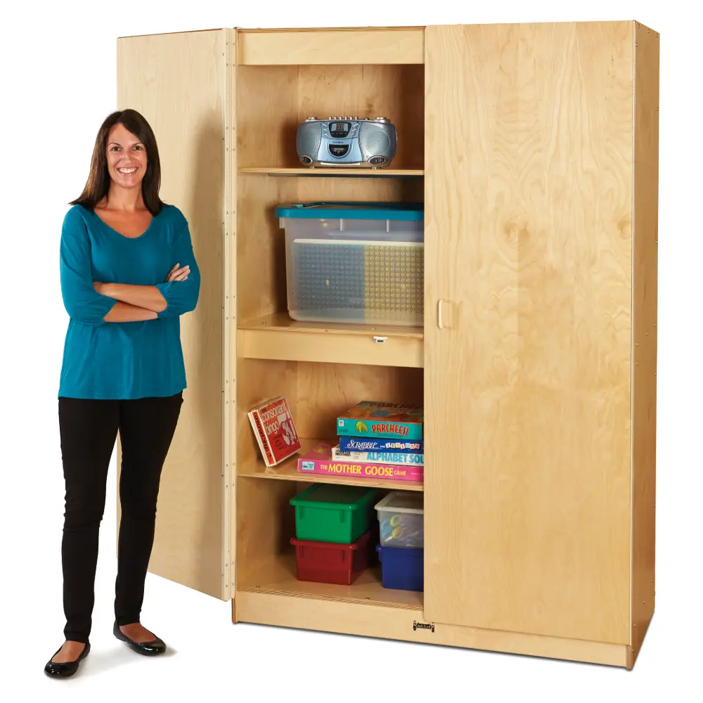 Mobile wooden cabinet with multiple shelves and wheels, doors closed