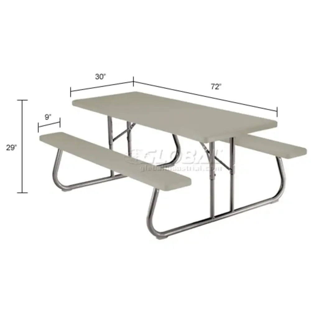Isometric view of a picnic table with dimensions showing 29" height, 72" length, 30" width