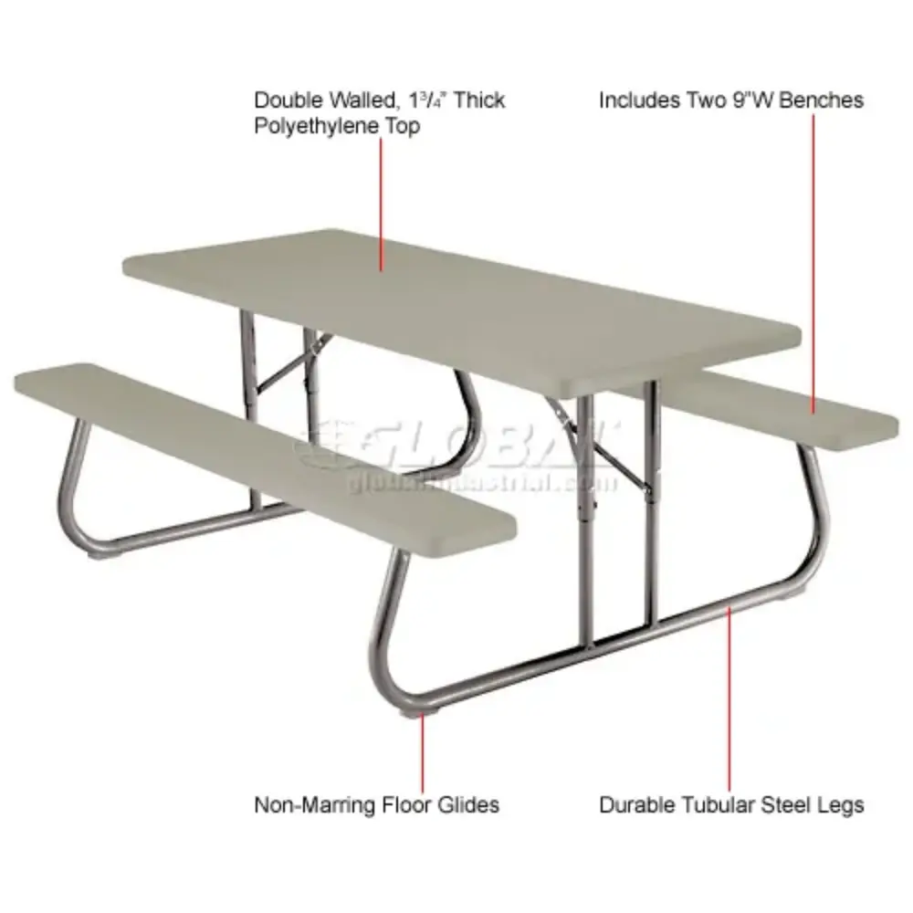 Diagram highlighting table dimensions, metal legs, and under-bracing of a picnic table