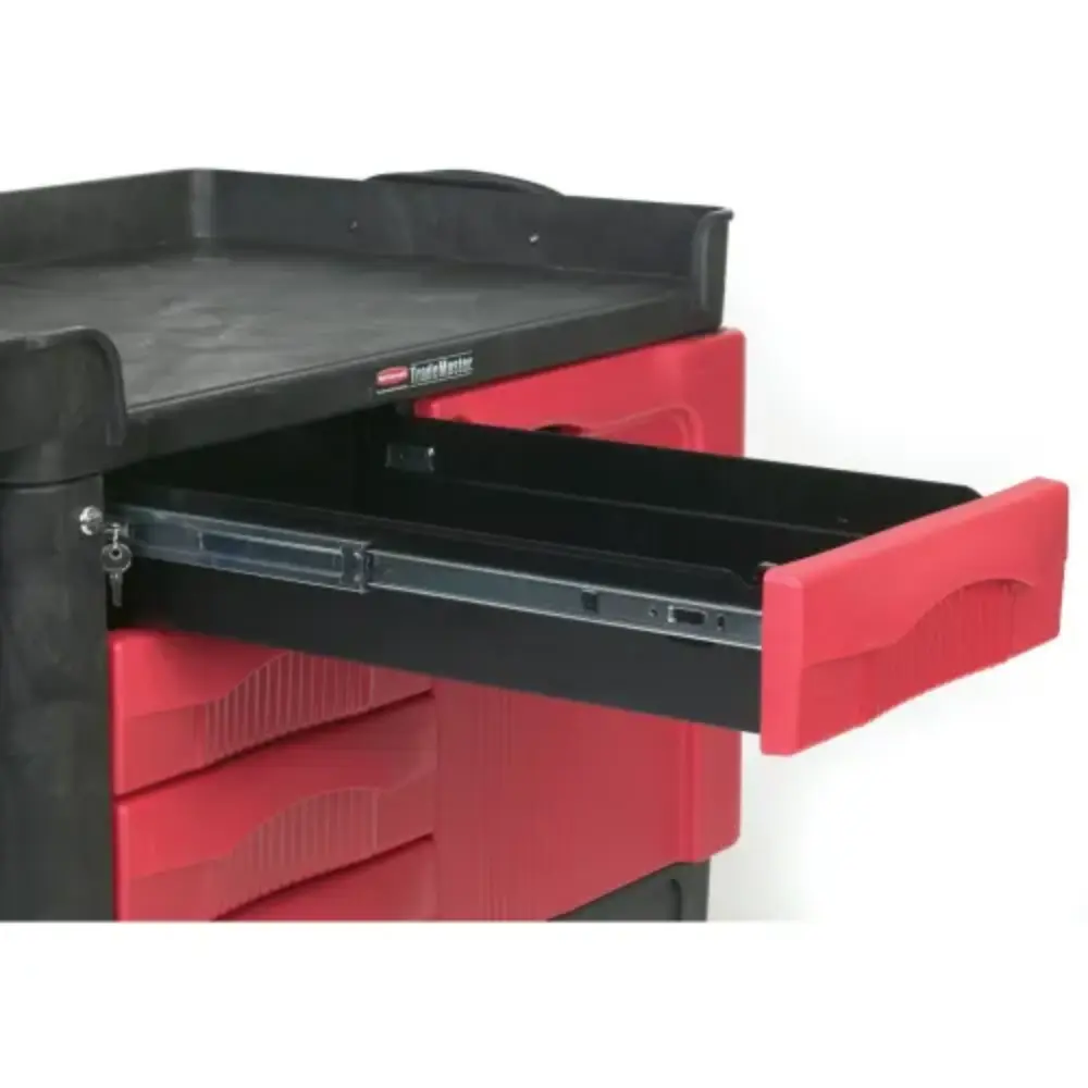 Open drawer slide showing interior of drawer unit on cart