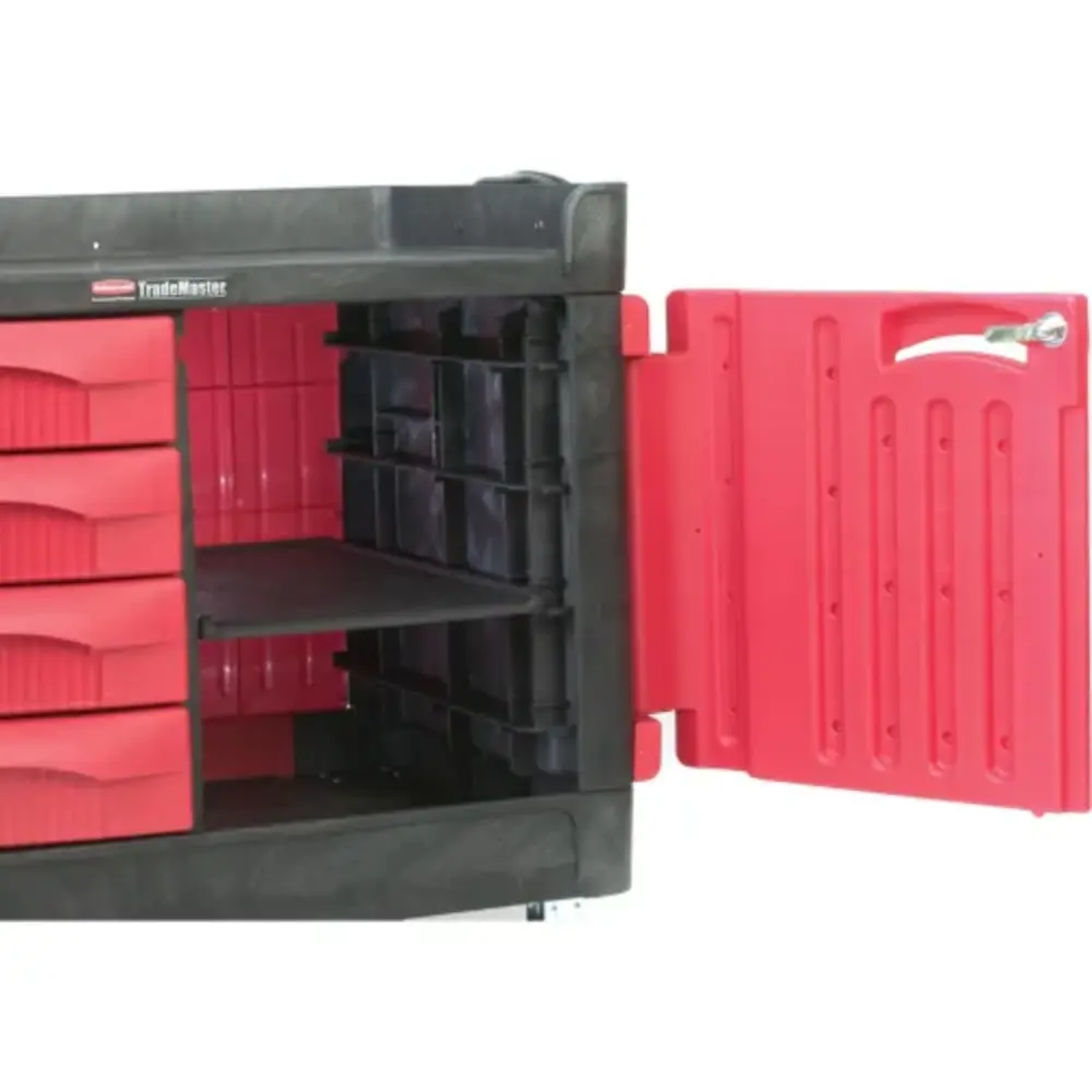Open side cabinet and interior of cart showing shelves and red drawers
