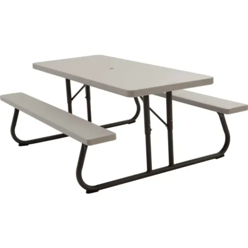 Grey picnic table with attached benches