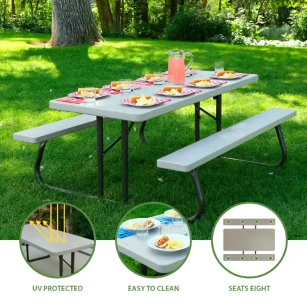 Picnic table set for outdoors with multiple place settings and a banner note indicating UV protection, easy to clean, and seating eight