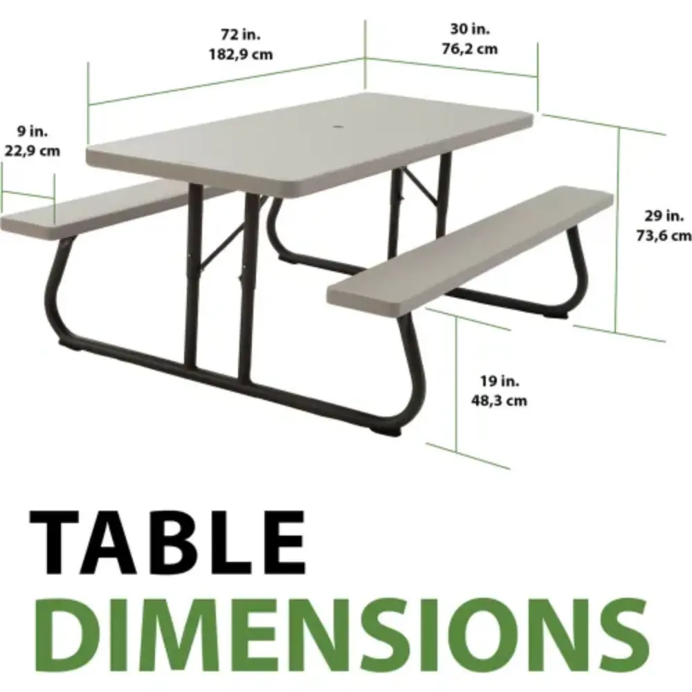 Illustrated dimensions of a picnic table with measurements in inches/centimeters