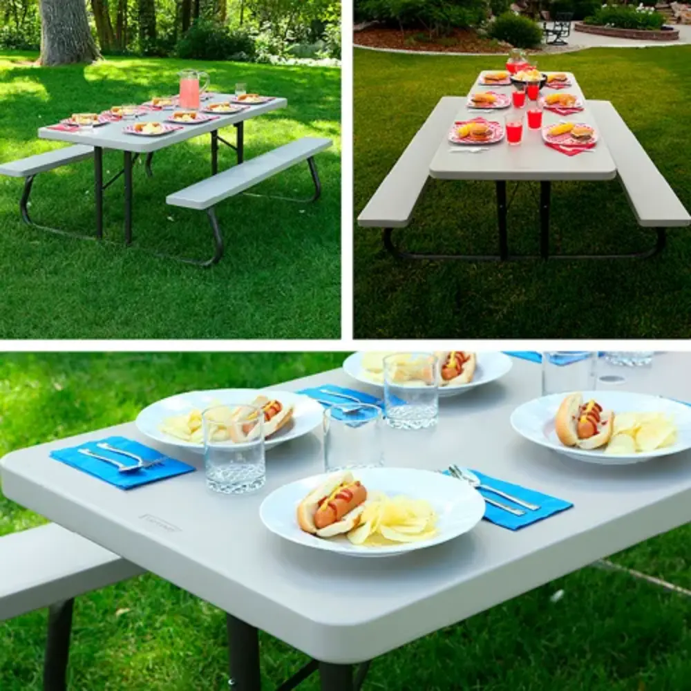 Collage showing multiple angles of a grey picnic table with benches on a lawn