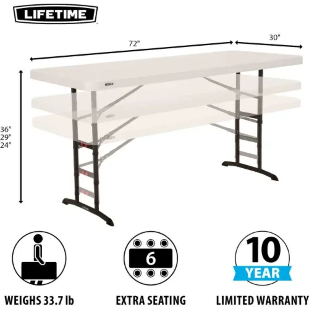 LIFETIME brand adjustable-height folding table with 72x30 top and 36/29/24 inch height marks