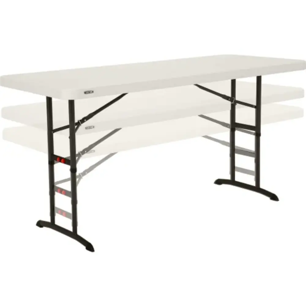 Side view of the adjustable-height table with three shelves extended