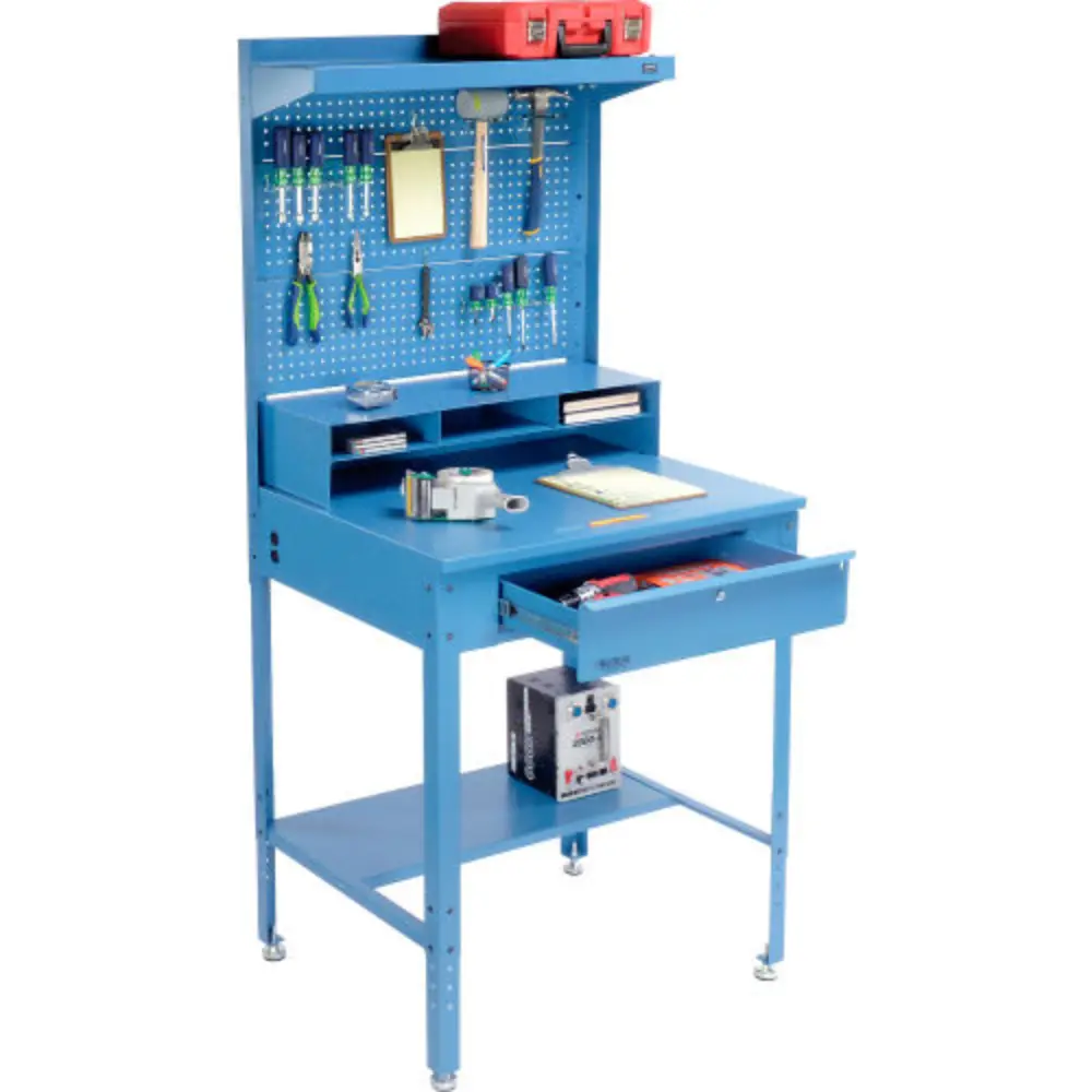 Close-up of pegboard and drawer mechanisms
