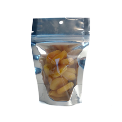 6475   7.5" x 11.5" + 3.5" Bottom Gusset, 3mil, Clear And Silver Stand Up Pouch w/ Hang Hole and Tear Notch