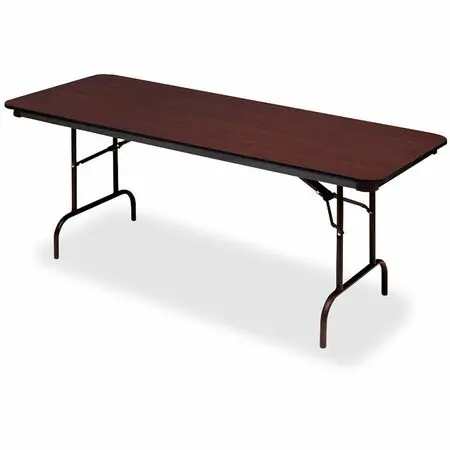 Folding table with brown surface and metal frame