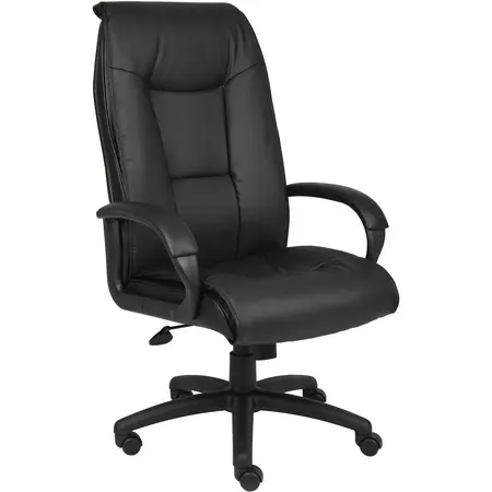 Black leather office chair with high back, padded arms, five-star base with casters