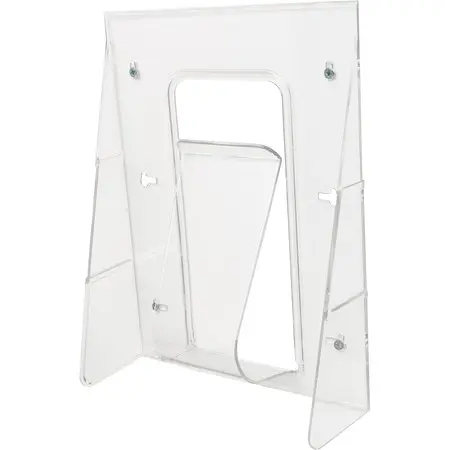 Clear acrylic literature display stand with angled back panel and paper rack
