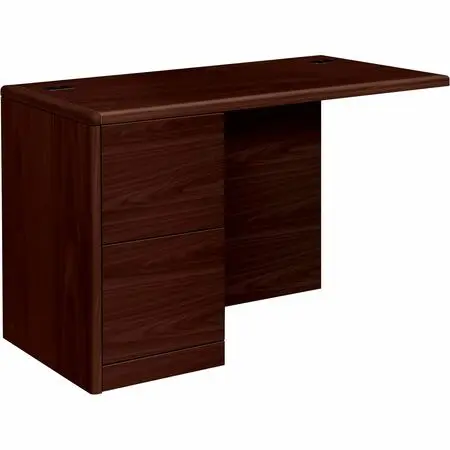 A large wooden executive desk with raised storage hutch and matching credenza set in an office; dark walnut finish