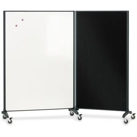 Two mobile whiteboards with photos and notes attached, in a meeting room setting.
