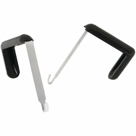 A metal and black plastic tool with a hook and blade