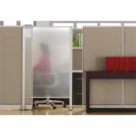 Metal storage cabinet on wheels with frosted glass door in an office setting