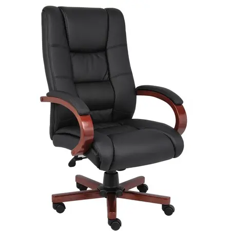 Black leather executive office chair with wooden curved armrests and five-star base with caster wheels.