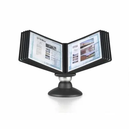 A multi-panel swivel display stand with pages open showing documents