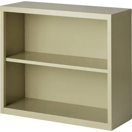A set of five modular bookshelves in varying heights and colors arranged together