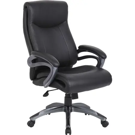 Black leather office chair with high back, padded arms, five-star wheeled base