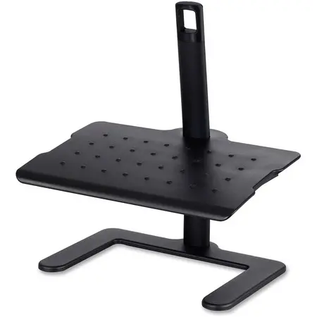 Black monitor stand with adjustable height and cable management holes