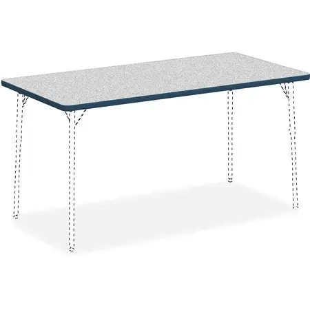 A gray table with a blue edge and silver legs