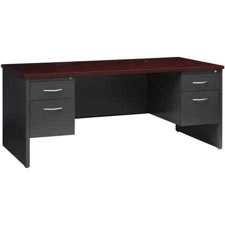 Executive office set with large dark wood desk, matching pedestal, and tall bookcase in a modern office