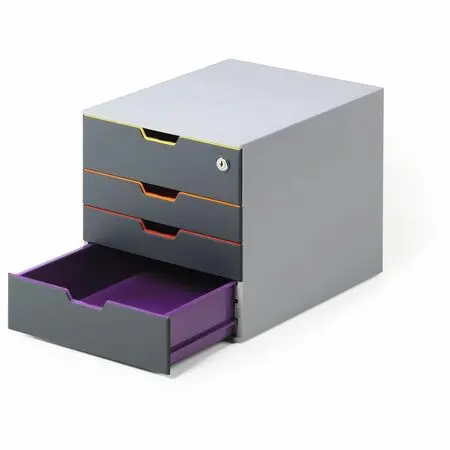 A grey multi-drawer filing unit with colored drawer fronts and a purple plastic tray pulled out from the bottom drawer