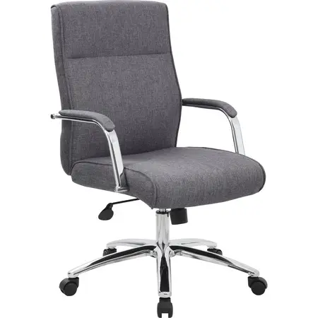 Office desk with gray upholstered executive chair, metal armrests, rolling pedestal, laptop on desk, plant nearby.