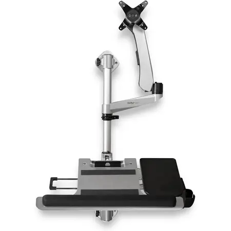 A mechanical arm with metallic joints and a small screen-mounting bracket extending from a base, likely a camera or monitor mount component.