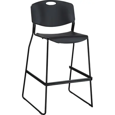 Black metal bar stool with curved backrest and a circular cutout at the top, set against a white background.