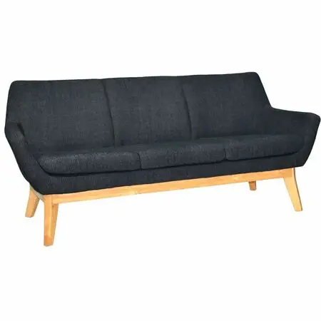 Sofa with dark fabric upholstery and wooden legs showing measurements in diagram