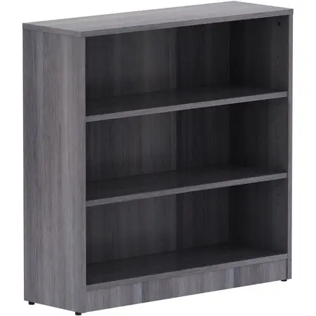 A dark gray wood bookshelf with four shelves, rectangular, with short feet.